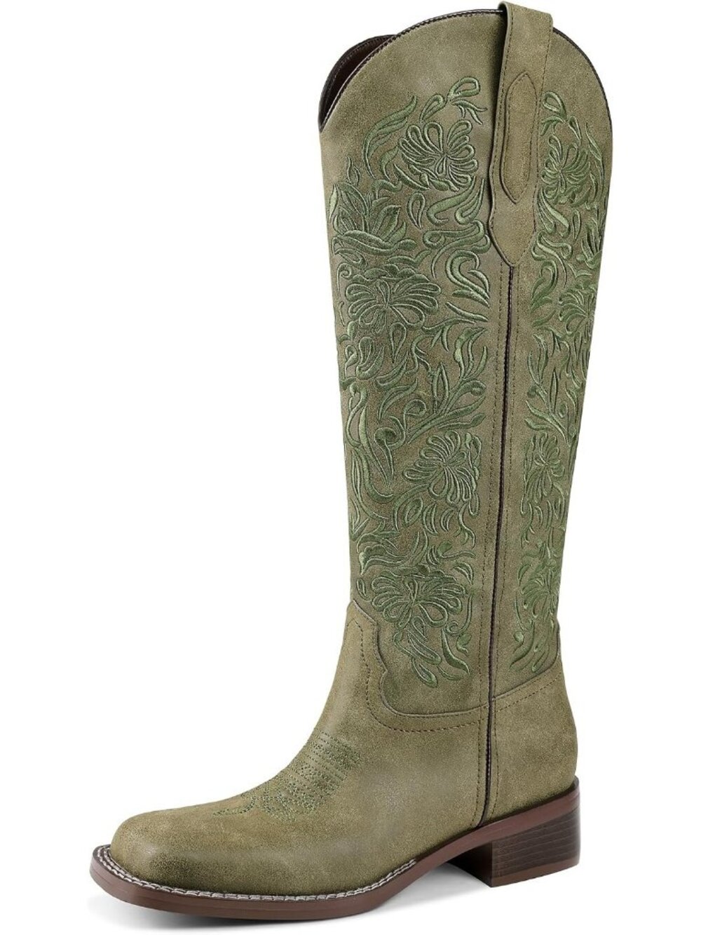 Women's Green Casual Pull On Low Block Heel Square Toe Knee High Cowgirl Boots